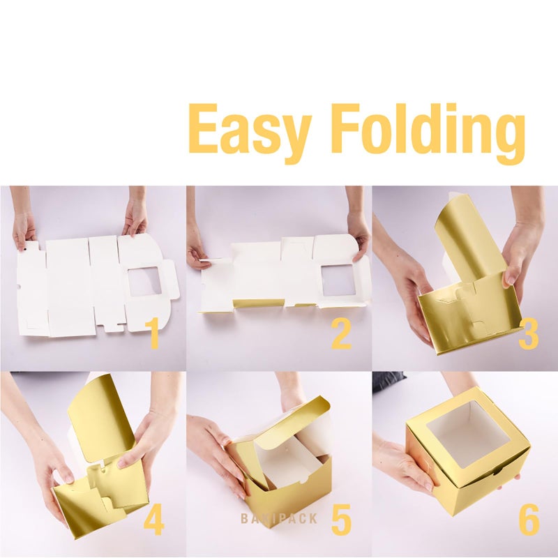 BAKIPACK 25 Gold Bakery Boxes with Window 5x5x3.5 Inches, Dessert Boxes to Go with Window, Treat Boxes for Small Bakery, Dessert, Candy, Cookies, Pastry, Party Favors, Wedding Cake - Image 5